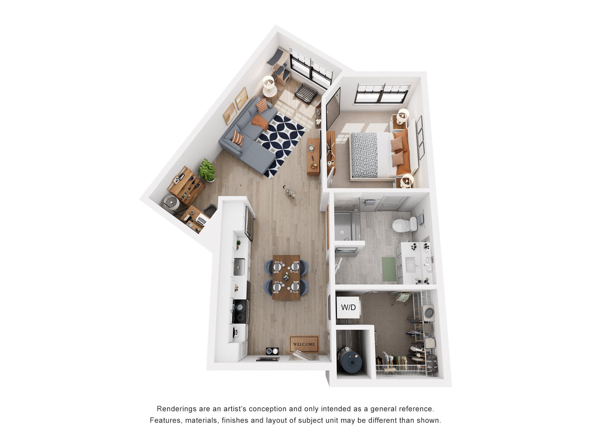 Floor plan for 1 bed, 1 bath, 770 sqft